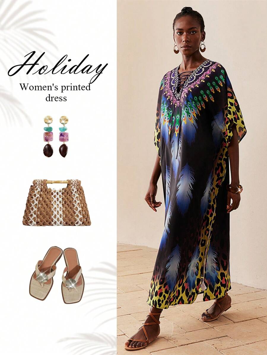 SHEIN Lady Women's Summer Boho Leopard & Feather Print Criss-Cross Tie Bat Wing Dress,Holiday Beach Vacation Casual Long Sleeve Sundresses,Bohemia Clothing,Blues - Multicolor - View 1