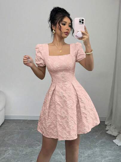 Rafferiza 女士优雅纯色提花泡泡袖方领连衣裙