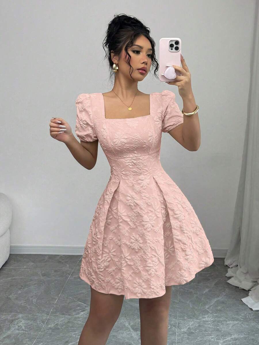 Rafferiza 女士优雅纯色提花泡泡袖方领连衣裙 - 粉色 - 查看 1