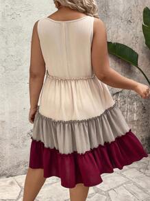 SHEIN LUNE Vestido suelto elegante, versátil y de uso diario para vacaciones, primavera/verano, de tela trenzada, con bloques de color contrastante, escote en V, tirantes finos, cintura con pliegues y efecto de rasgado en la Bottom, talla grande para mujer