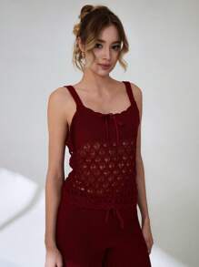 SHEIN Cottnline Beige Two-Piece Knitted Set With Ribbed Pants And Crochet Patterned Top, Lightweight Fabric For A Cozy And Stylish Look - Red - View 5