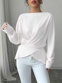 Elenzga 女士交叉系腰长袖宽松衬衫，秋冬 - 白色 - 查看 3