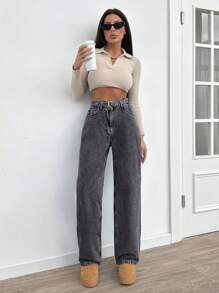 EURMUSE Casual Distressed High Waist Straight Leg Jeans - Light Grey - View 5