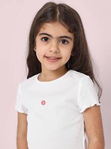 SUMWON Summer Girls Two-Piece Set White Ribbed T-Shirt With Red Gingham Floral Shorts Ruffle Trim Holiday Casual Beach Outfit - Red - View 5