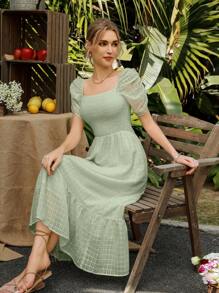 Revavyn Váy suông cổ vuông tay bồng dáng xòe cho nữ có chi tiết xếp ly trang phục đi nghỉ phong cách Boho bãi biển thời trang cho mùa hè - màu xanh lá - Xem 4