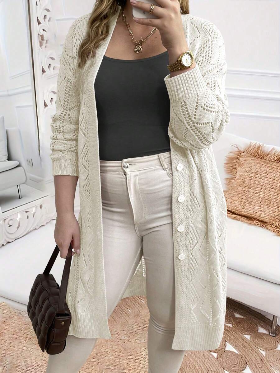 Calvaya Plus Size Women Single-Breasted Casual Loose Knit Mid-Length Cardigan - White - View 1
