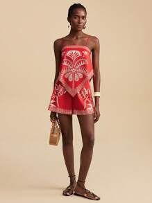 Travachic 2pcs/Set Women Tropical Palm Tree Print Cami & Shorts Set