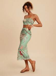 Travachic 2 件套女士花卉印花短款吊带背心上衣和裙子休闲度假装，女士两件套，女士度假装，波西米亚风，夏季 - 綠色 - 查看 3