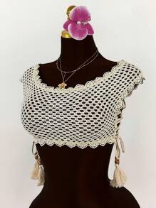 Amplova 波西米亚风度假海滩度假夏季女士度假蕾丝边透明钩针系带女式衬衫，透视上衣