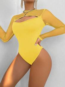 VaVaBold Women's Solid Color Crew Neck Long Sleeve Hollow-Out Bodysuit - Yellow - View 3