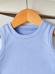Set de 3 piezas para bebé niña: Top sin mangas a cuadros casual, pantalones y sombrero de cubo, primavera/verano - Azul - Ver 6
