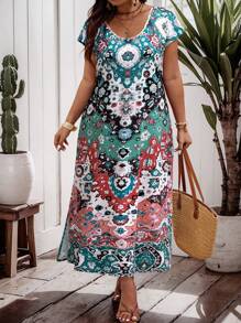 Rochie De Vară Vintage Imprimată Aleatoriu Dimensiuni Plus Gât Rotund Pentru Haine de Revelion Tinuta Maxi Femei Wear Western - Multicolor - Vizualizare 3