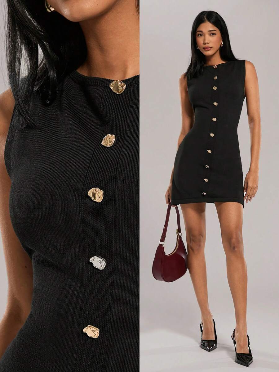 SHEIN Forever 21 Summer Clothes /Country Concert Outfit/Country Concert/Tea Party Dress /Elegant /Concert Outfits/Black Knit Mini Sleeveless A-Swing Dress - Multicolor - View 1