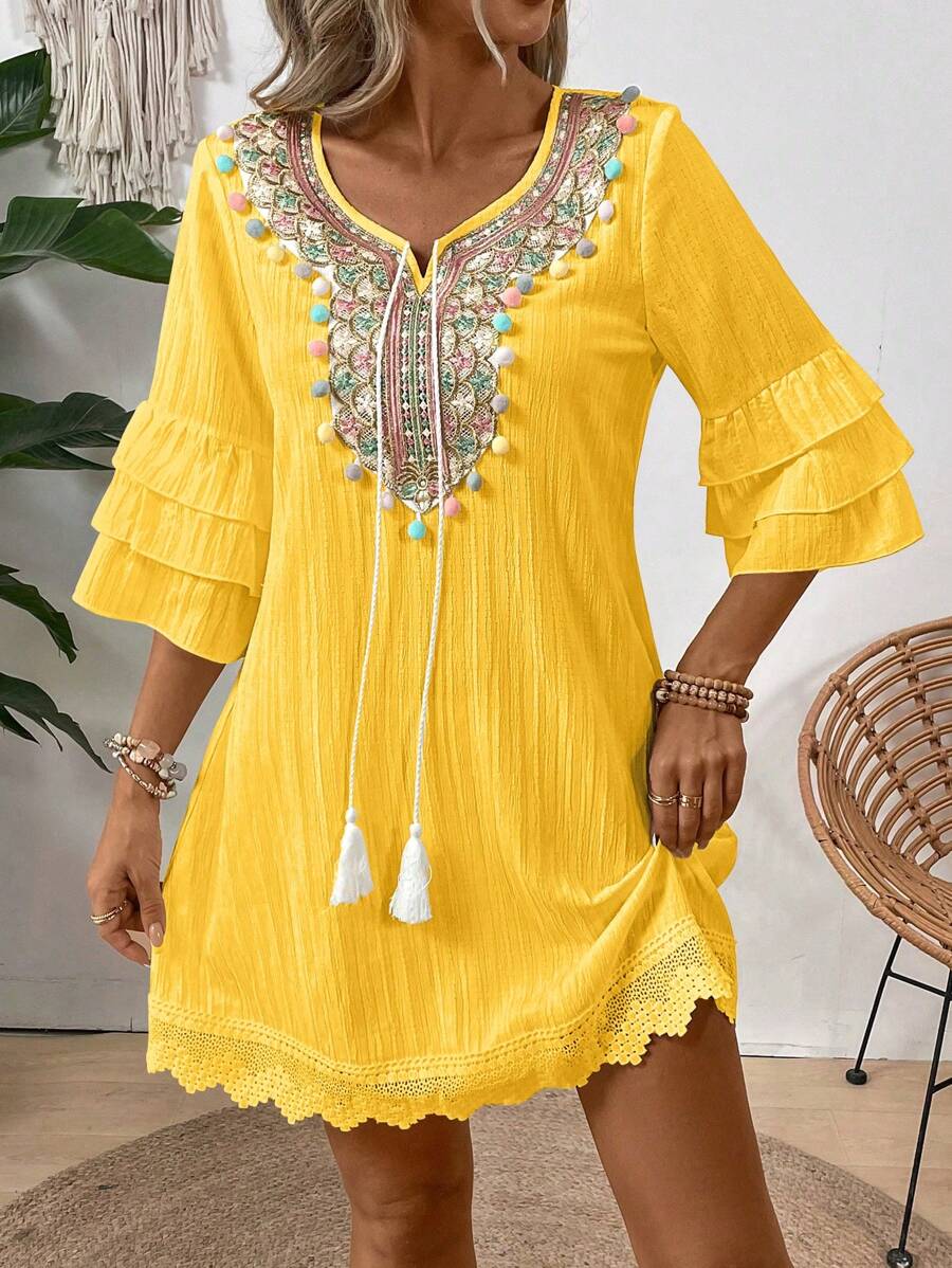 EMERY ROSE Women Fashionable Notched V-Neck Dress With Colored Pom-Pom Decoration Vacation Beach Outfit - Yellow - View 1
