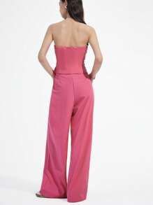 Chiquease Women 2Pcs Set Casual Loose Asymmetrical Ruffle Tube Top And Wide Leg Pants Suit For Commute And Vacation, Pink - Pink - View 2