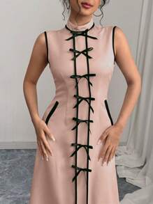 Chiquease Vestido Longo com Decote Redondo, Sem Mangas e Laço para Mulheres - Rosa Bebê - Visão 5