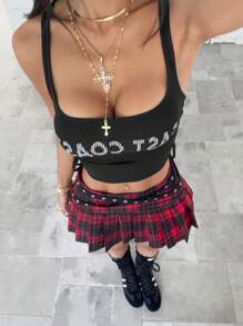 StreetHx Blusa de estilo callejero para mujer con estampado gráfico de letras en punto negro, diseño con cordón a la cintura y cuello cuadrado - Negro - Ver 5
