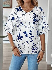 EMERY ROSE 女士植物印花圆领落肩宽松休闲 T 恤 - 白色 - 查看 5