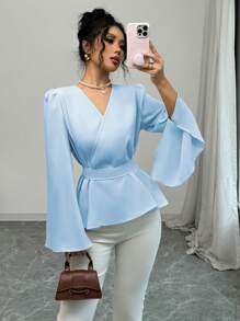 Elenzga Women Solid Color V-Neck Cross Wrap Tie Front Flare Sleeve Split Hem Elegant Blouse, Autumn Peplum Top
