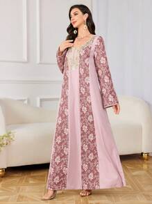 Al Najma Women's Elegant & Luxurious Turkish/Arabian Style Long Dress With Patchwork Design, Modest Kaftan - Pink - View 4