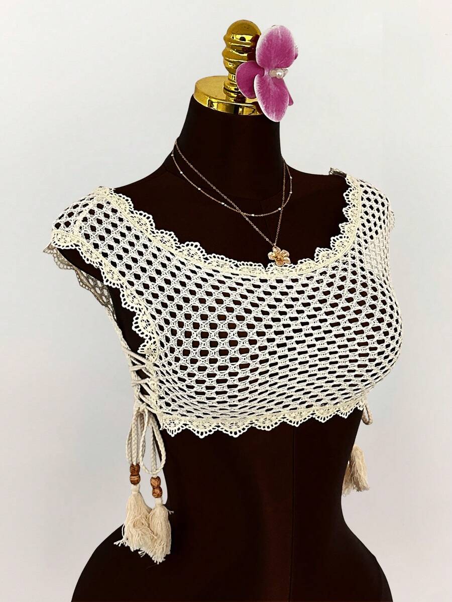 Amplova 波西米亚风度假海滩度假夏季女士度假蕾丝边透明钩针系带女式衬衫，透视上衣