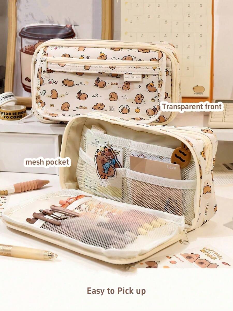 1 件水豚铅笔袋，可爱卡通翻盖，透明正面多口袋，牛津布收纳袋，大容量多功能学生文具，可爱多功能收纳袋，铅笔袋，化妆包，适用于学校、文具、节日礼物、学校礼物、返校、学校用品