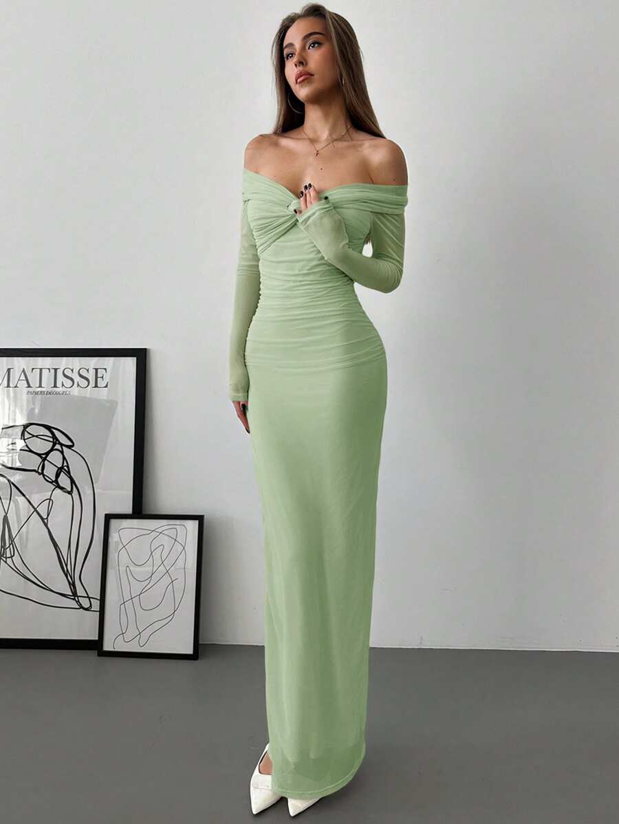 Aloruh Off Shoulder Mesh Twist Ruched Dress With Long Sleeve, Romantic For Date - Green - View 1