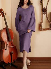 Women's Solid Color Button Design Flared Sleeve Loungewear Dress - Purple - View 7