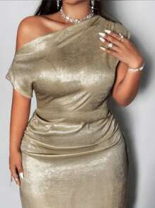 Viva Relle Plus Size Elegant Women's Iridescent Cinched Waist Asymmetric Neck Dress For Holiday Party Clothes Maxi Women Outfit - Gold - View 7