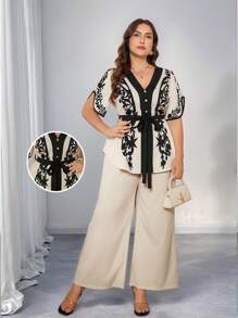 Rometta 2 chiếc/bộ size lớn mùa hè thường ngày đi nghỉ cổ chữ V thắt nơ eo - Màu be - Xem 6
