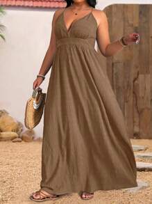 SHEIN Clasi Váy yếm hở lưng họa tiết màu trơn mùa hè cỡ lớn cho nữ đi biển/nghỉ dưỡng - Cà phê nâu - Xem 4