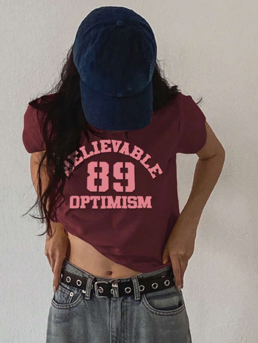 DAZY Camiseta feminina estilo rua solta com estampa de letras e manga curta, amarela, primavera/verão