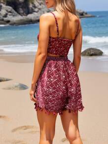 INAWLY Women Moon Print Knotted Front Cami Top And Shorts Set, Vacation