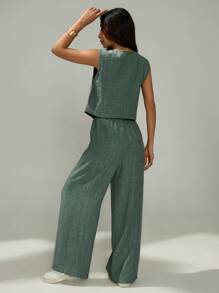 SHEIN PETITE Completo casual da donna composto da gilet monofiletto e pantaloni in tinta unita, 2 pezzi