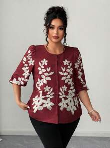 Blusa con mangas de farol estampada, bordada y texturizada de talla grande - Rojo y blanco - Ver 5