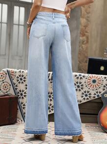 EMERY ROSE Jeans de mezclilla holgados y anchos con efecto desgastado para mujer, casuales para vacaciones - Azul - Ver 2