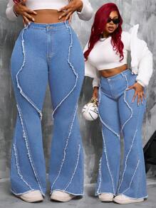 SHEIN SXY Plus Size Women's High Waist Stretch Frayed Hem Flare Jeans - Light Wash - View 1