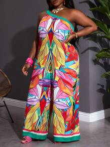 SHEIN CURVE+ Bộ đồ liền thân ống rộng không tay in họa tiết cây nhiệt đới cỡ lớn dành cho nữ khi đi nghỉ - Nhiều màu - Xem 4