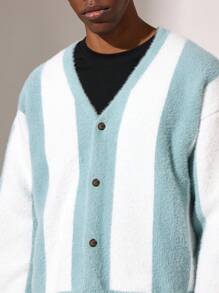 SUMWON Luxury Fuzzy Winter Color Block Knit Cardigan Button Front Soft Cozy Warm Holiday Season Fashion Essential Knitwear Sweater