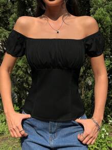 SHEIN EZwear 女士纯色荷叶边露肩时尚衬衫