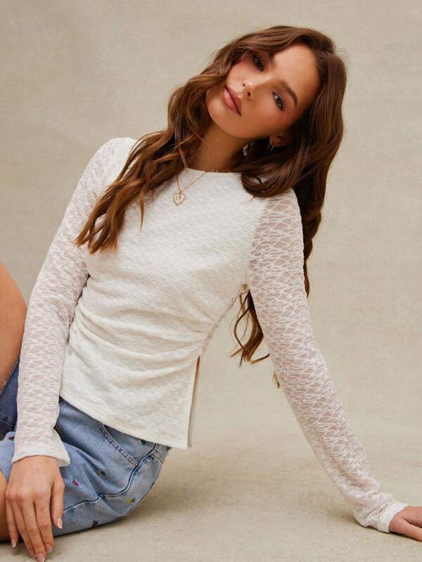 WESTFADE Western Cowgirl Lace Boatneck Ruched Split Side Semi Sheer Fitted Long Sleeve T-Shirt Spring Break