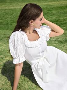 Modelyn 女士长款连衣裙，纯色刺绣，荷叶边装饰，配腰带 - 白色 - 查看 3