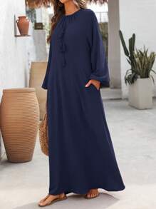EMERY ROSE Women's Solid Color Front Tie Long Sleeve Pockets Casual Loose Dress - Navy Blue - View 4