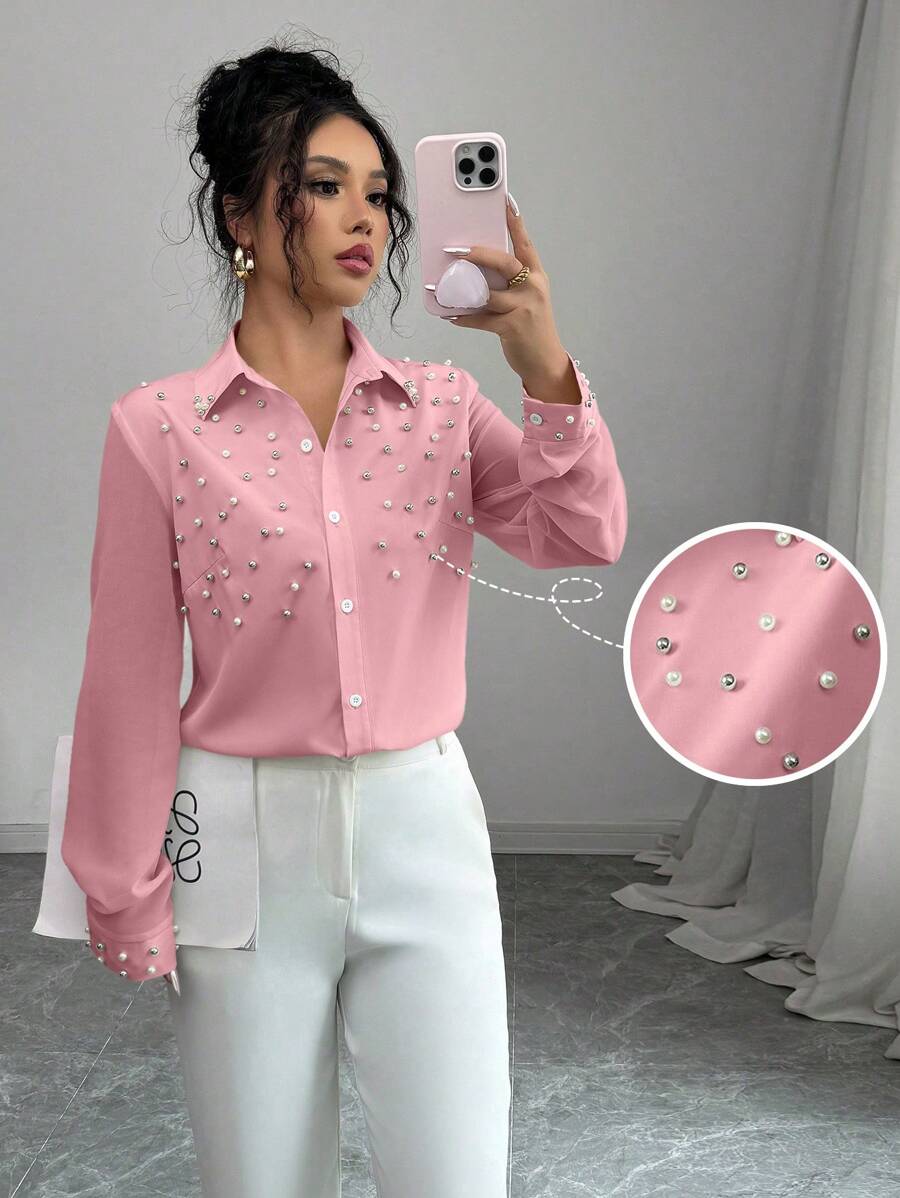 Elenzga 女式杏色串珠拼布长袖衬衫