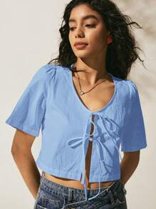 Easelle Summer Women's Bohemian Style, Cowgirl Vintage Short Sleeve Casual Blue Woven Floral And Angel Embroidery Casual Puff Sleeve Cropped Blouse - Blue - View 6