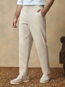 Manfinity VCAY 男士意大利风格日常通勤休闲度假松紧腰休闲裤，浅卡其色竹纤维混纺修身款 - 卡其色 - 查看 1