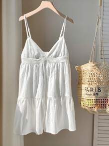 Comfortcana 女士度假休闲白色镂空刺绣拼布细肩带迷你连衣裙 - 白色 - 查看 3