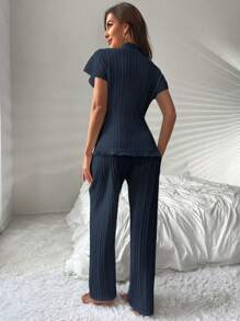 SHEIN Women's Plain Color Ruffle Trim Tie Front Top And Pants Pajama Set - Navy Blue - View 2