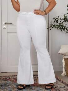 SHEIN LUNE 大码休闲纯色修身喇叭牛仔裤 - 中等水洗藍 - 查看 1