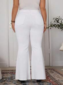 SHEIN LUNE 大码休闲纯色修身喇叭牛仔裤 - 中等水洗藍 - 查看 4